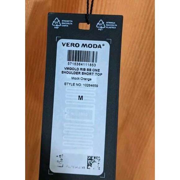 Vero Moda Top One Shoulder Short Sleeve Orange Ribbed Knit Stretch Medium - Picture 14 of 14